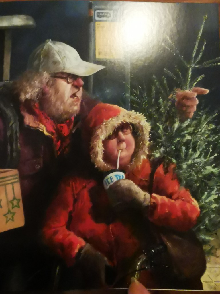 Tekening van Marius van Dokkum. Man, vrouw en kerstboom. Met kerstgroet van schrijfster